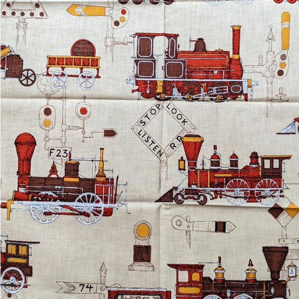Vintage Mid-Century Train Fabric Remnant, 20